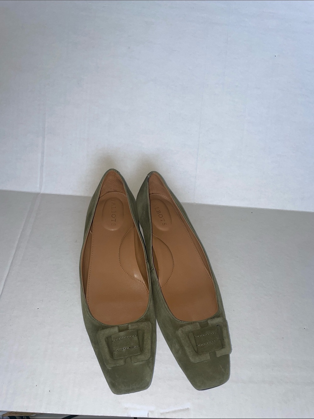 Women’s Size 10 Talbots Olive Suede Square-Toe Flats with Buckle